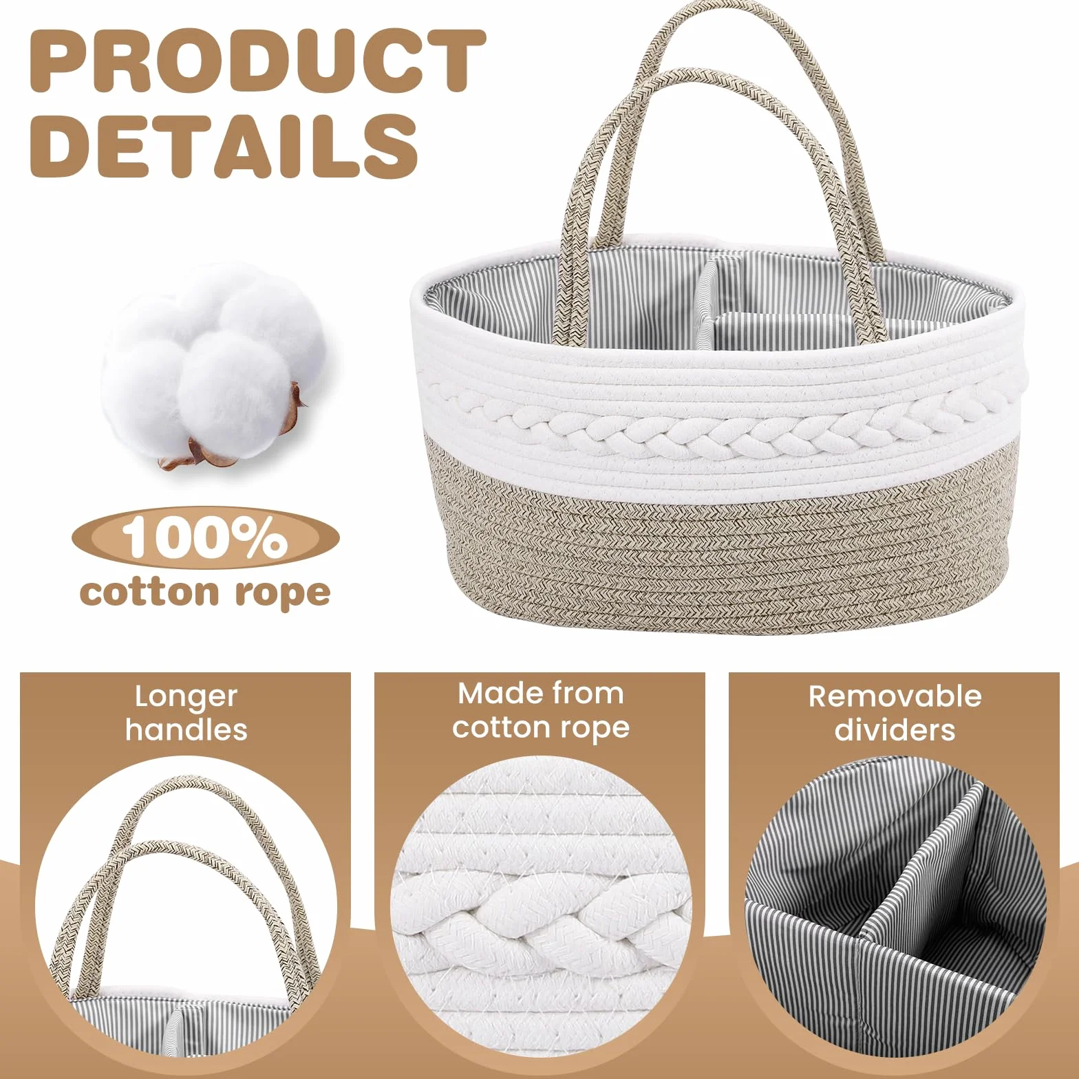 Zorplex Panier Rangement Bébé, Grand Organisateur de Couches avec Compartiments et Poignées, Panier Portable en Corde de Coton pour Table à Langer, Accessoires Nouveau-né et Cadeau de Naissance