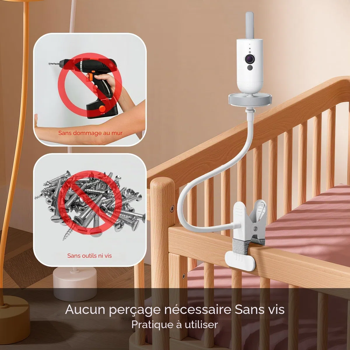 Support de caméra pour bébé, compatible avec Philips Avent SCD923/26, SCD921/26, SCD643/26, SCD951/26 - Support flexible pour appareil photo sans perçage - Montage facile pour lit d'enfant et étagère