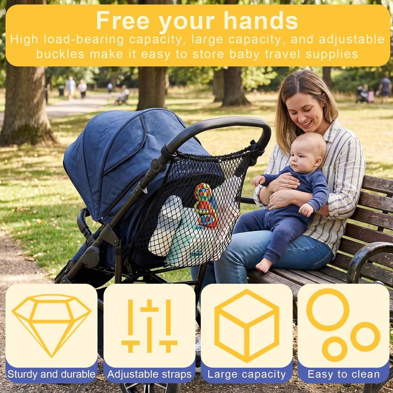 Filet de rangement pour poussette, Sac en filet pour poussette, Poche en filet pour poussette, Grand sac en filet pour poussette, convient aux poussettes, aux landaus et aux véhicules pour enfants