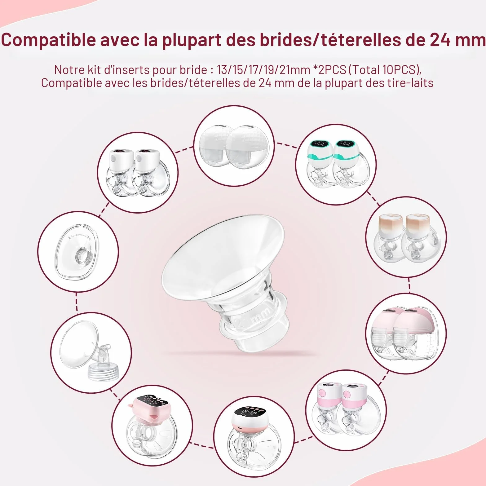 Inserts de Bride 13/15/17/19/21mm, Accessoires d'Allaitement Compatibles Pompes à Lait, Brosse de Nettoyage et Carte de Mesure