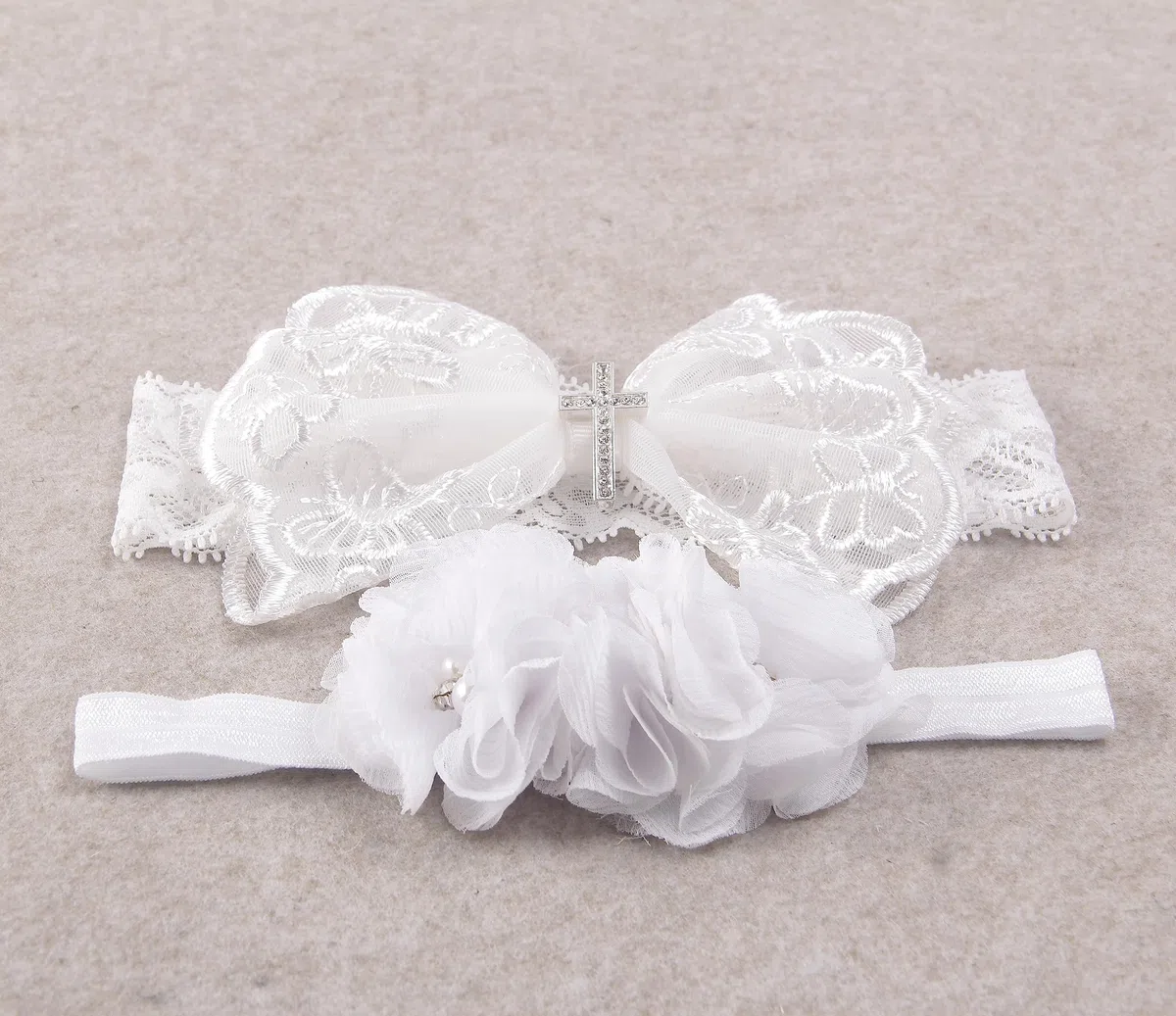 Nishine 2 Pack Baptême Serre-tête de baptême pour bébé avec nœud blanc Bandeau de cheveux pour enfant(Bouton de croix)