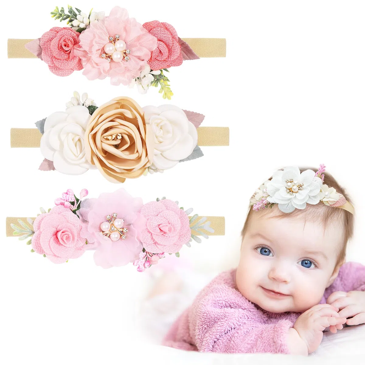 Lot de 3 bandeaux pour bébé fille, bandeaux pour fille avec ruban gros-grain, floraux en nylon pour bébé, tout-petits et accessoires pour cheveux nouveau-nés (rose)