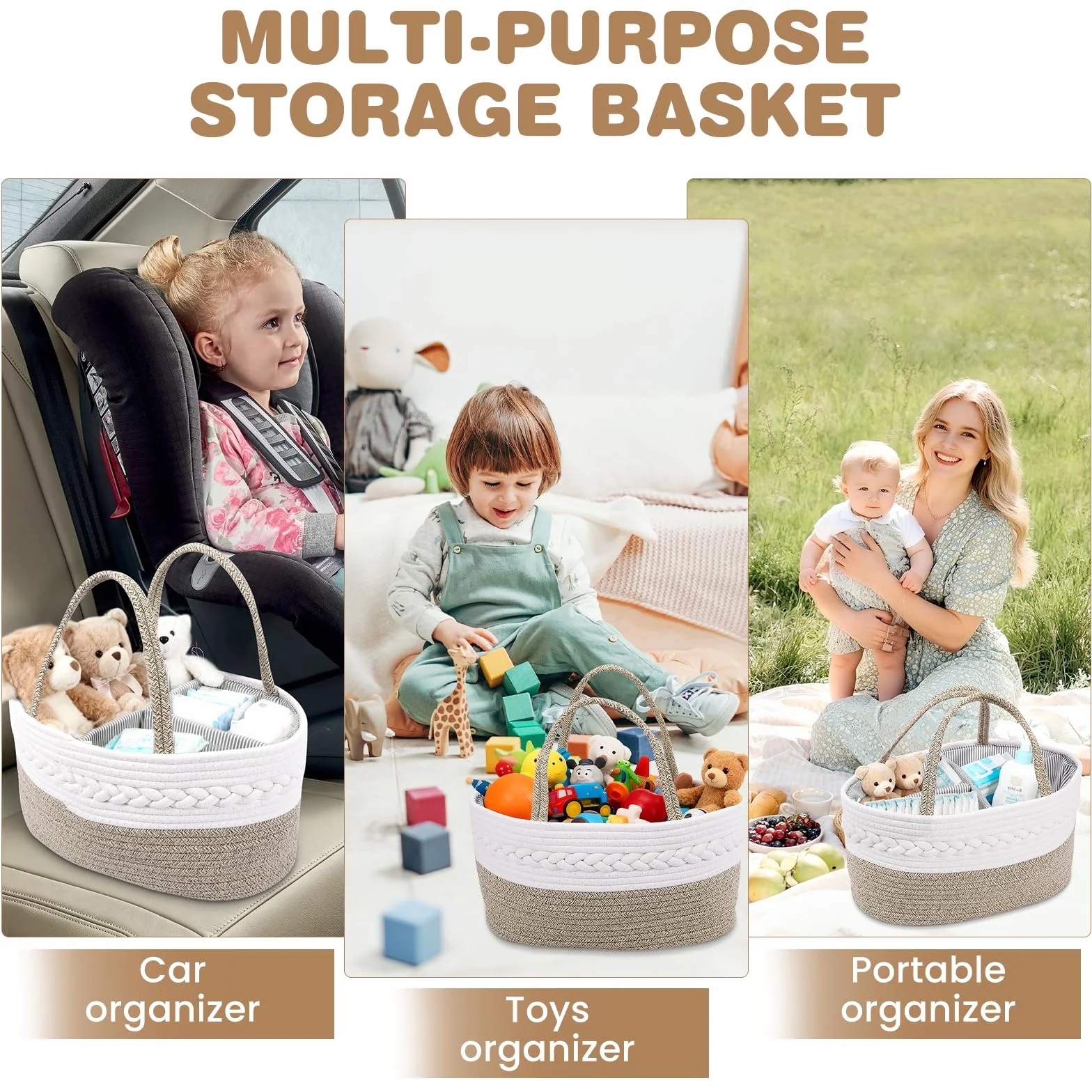 Zorplex Panier Rangement Bébé, Grand Organisateur de Couches avec Compartiments et Poignées, Panier Portable en Corde de Coton pour Table à Langer, Accessoires Nouveau-né et Cadeau de Naissance