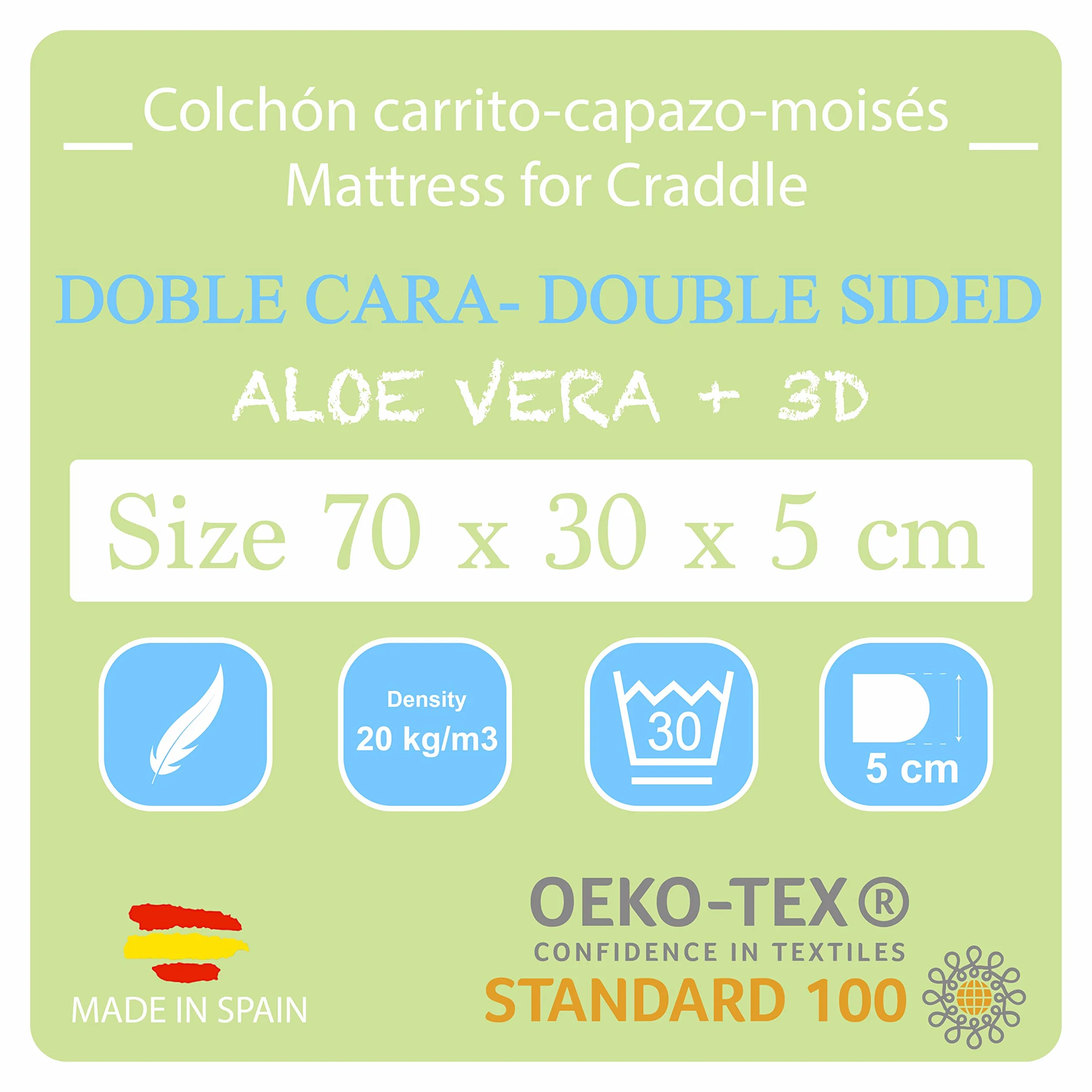 Pekitas Matelas ovale universel double-face respirant et lavable pour berceau et poussette Hauteur 5 cm 70 x 30 cm