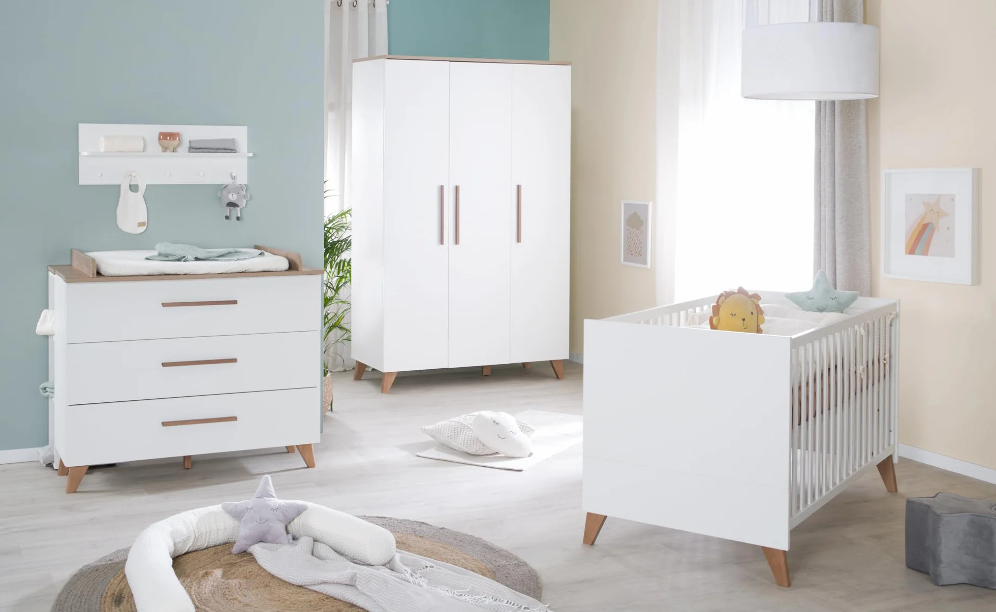 roba Ole - Ensemble de 3 pièces pour Chambre d'enfant - Lit d'enfant 70 x 140 cm Transformable + Commode à Langer avec 3 tiroirs + Armoire pour Enfant - Poignées et Pieds en Bois Massif - Blanc/chêne