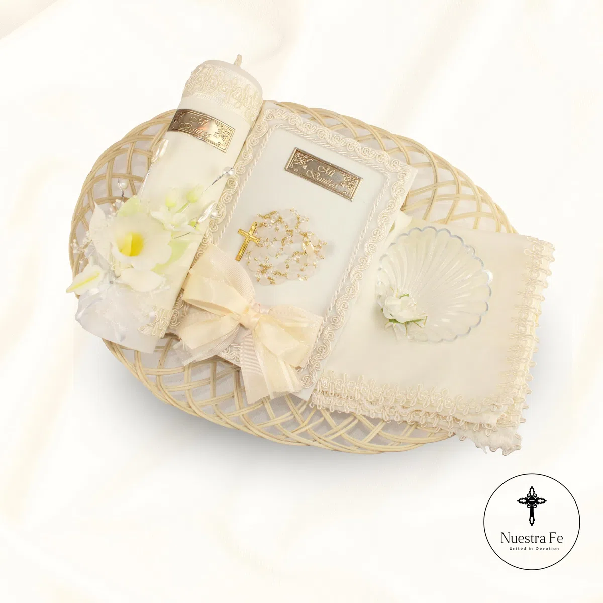 Lot de 5 bougies de baptême ivoire/crème – Velas para bautizo – Vela de bautizo – Lot de bougies de baptême catholiques – Kit de baptême avec bible, coquille et bougie