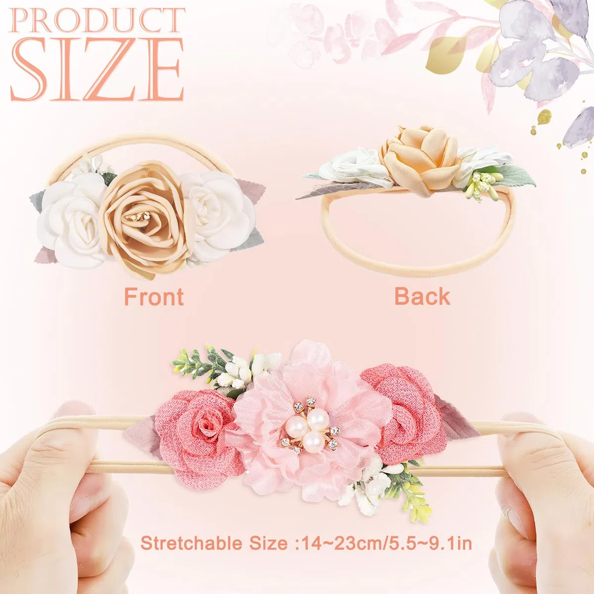 Lot de 3 bandeaux pour bébé fille, bandeaux pour fille avec ruban gros-grain, floraux en nylon pour bébé, tout-petits et accessoires pour cheveux nouveau-nés (rose)