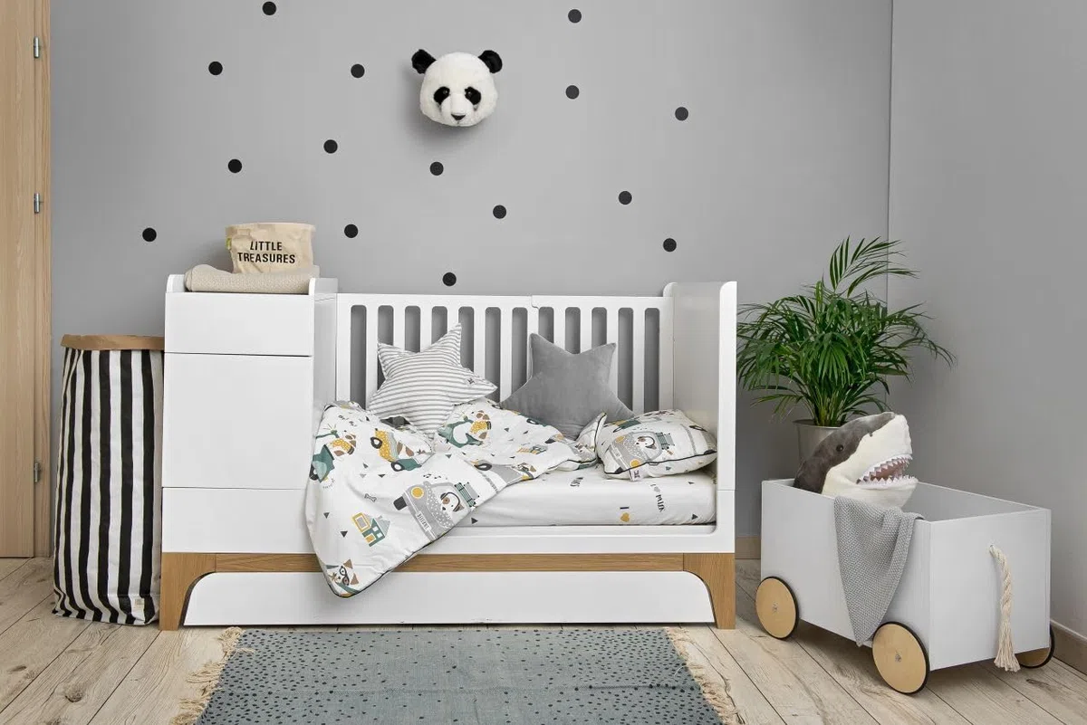 Bellamy UP! Lit Bébé Multifonctionnel 70x120 à 70x160 cm avec Tiroir et Table à langer | Lit Bébé Grandir avec Bébé, Bois, Chêne/Blanc + Matelas et Table à langer Lin Neige