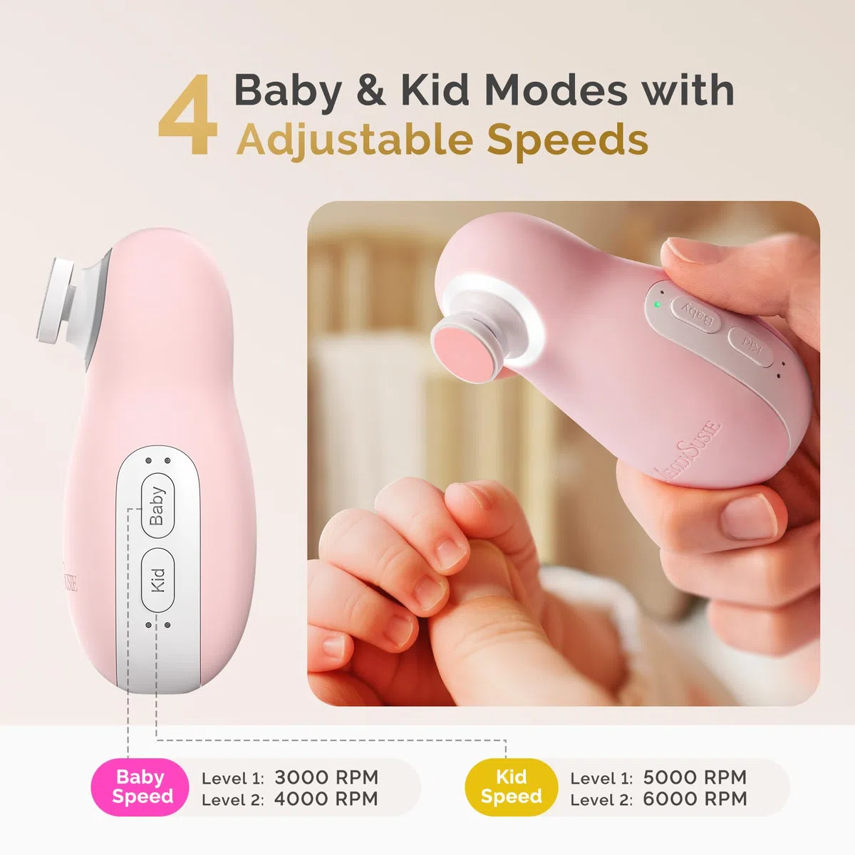 MelodySusie Lime à Ongles Électrique pour Bébé, Rechargeable Coupe-Ongles Bébé avec Support de Charge Magnétique et Veilleuse, Faible Bruit Ponceuse pour Ongles pour Nouveau-Nés & Enfants (rose)