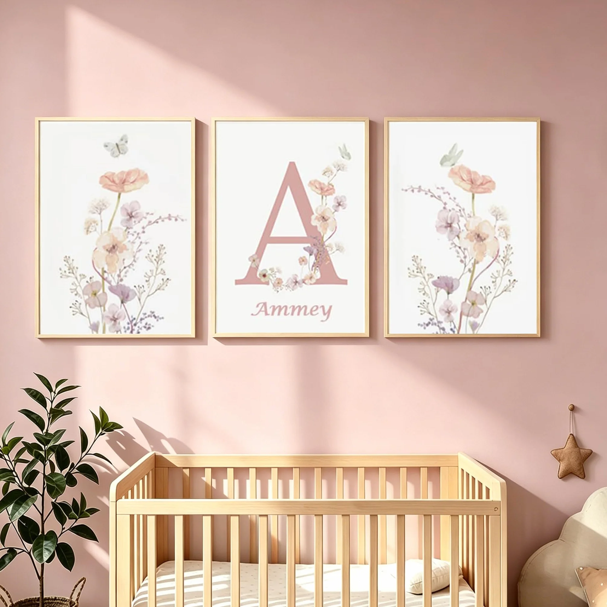 Youihom 3 Affiche Prenom Bebe Fille Tableau Chambre Enfant Fleur Rose 30x40 Poster Personnalisé Bebe Toile Chambre Enfant Affiche Decoration Murale Bébé Fille sans Cadre