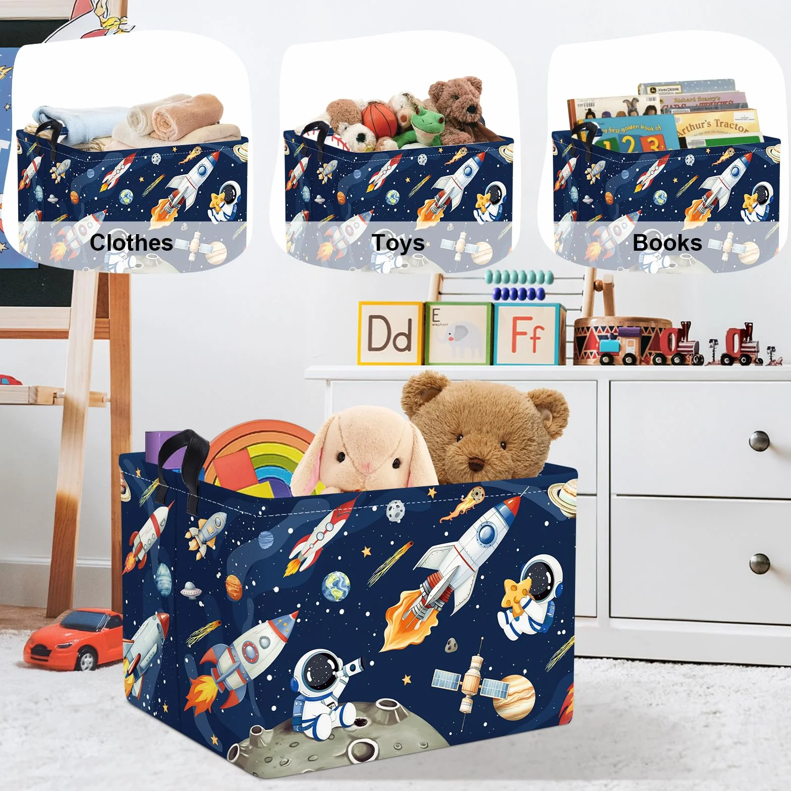 Grand Corbeille a Linge Fusées Spatiales Astronaute Repliable Panier Rangement Jouets Vêtements pour Maison, Bleu, 36L