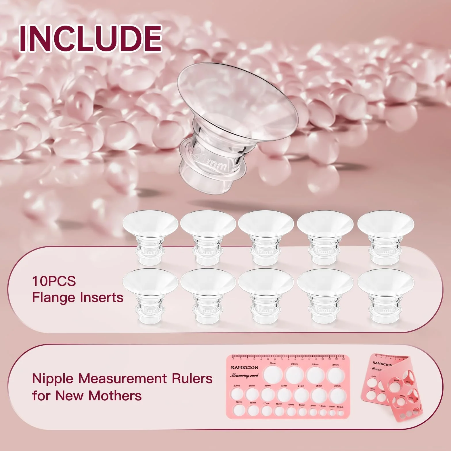 Inserts de Bride 13/15/17/19/21mm, Accessoires d'Allaitement Compatibles Pompes à Lait, Brosse de Nettoyage et Carte de Mesure